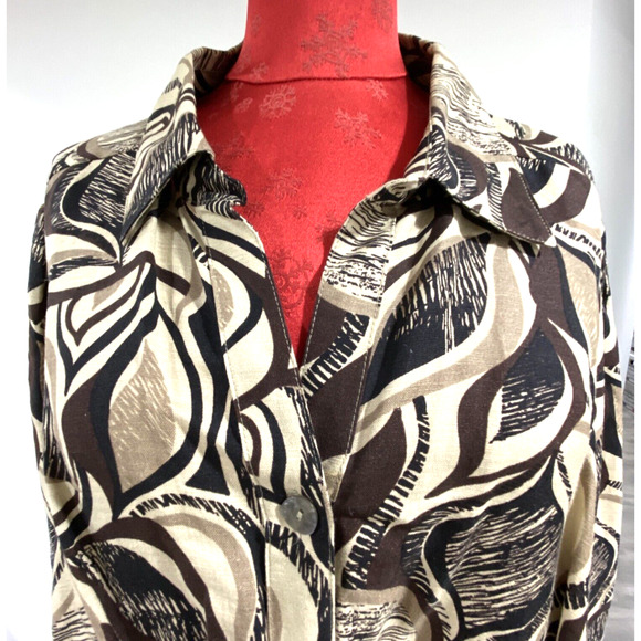 Womens 2X plus size linen rayon blend blouse casual brown tan abstract print - Picture 4 of 10